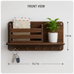 Wood Wall Shelf Single Tier With Hooks And Plant Holder Minimalist Storage Rack For Keys And Decor