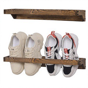MyGift Set 2 Tier Solid Wooden Wall Mounted Shoe Rack Storage Organizer Rustic Burnt Wood Finish Hanging Footwear Holder Holds 4