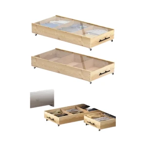 Pack Brown Solid Wood Bed Storage Drawers Lids Handles-Divided Underbed Cabinet Closet Wooden Crate Organizer Clothes-Fit Bed