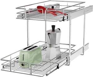2-Tier Individual Pull Out Metal Cabinet Drawer Basket Organizer Slide Out Kitchen Storage Shelves Room for Spices