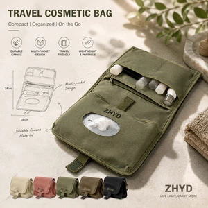 ZHYD Custom Logo Zipper Canvas Travel Cosmetic Bag Hanging Toiletry Organizer Portable Makeup Storage Pouch with Multi Pockets