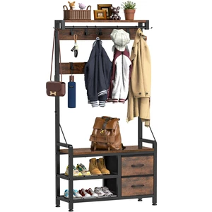 Factory Direct Rustic Brown Metal Coat Racks with Entryway Bench Storage Shelves for Hanging Clothes and Bags