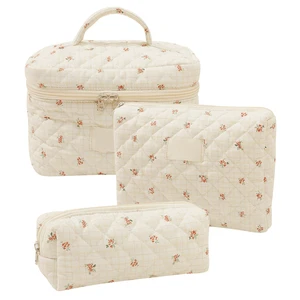 Custom Quilted Makeup Bag 3 Set Flower Pattern Zipper Toiletry Cosmetic Bag Soft Large Case Storage Organizer Cute Floral Pouch