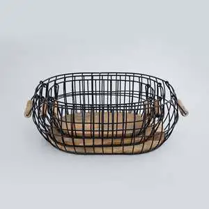 S/3 Curvy Iron & Wood Wire Baskets in Black/Natural Finish