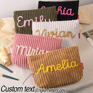 Custom Name Corduroy Makeup Bag Travel Toiletry Organizer Pouch Portable Cosmetic Toilet Storage Bag
