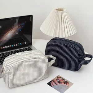 Cotton Striped Design Zipper Women Makeup Bag for Travel Toiletry Zipper Makeup Sweet Lipstick Cosmetic Pouch