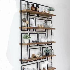 Minimalist Rustic Brown and Black Metal Frame and Wooden Wall Hanging Storage for Home