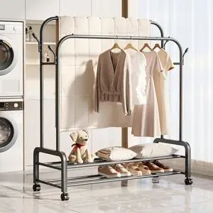 Double-Rod Metal Rolling Clothing Rack 2-Tier Storage Shelves Standing Coat Rack Bag Storage Multifunctional Modern Design 150cm