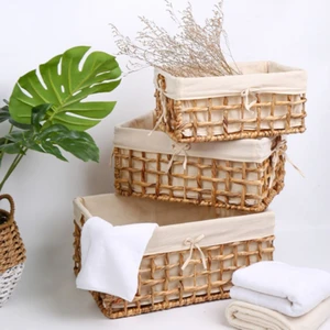 Handwoven Eco-Friendly Folding Rectangular Seagrass Storage Basket with Water Hyacinth Liner Straw Pantry Shelf Organization Set