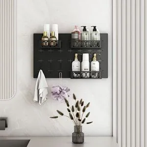 Black Three-Basket Wall Storage Shelf with Three Hooks