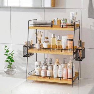 CF Waterproof Rust-proof Metal Wood 3 Tier Kitchen Vanity Makeup Bathroom Counter Shelf Countertop Organizer Storage With Basket