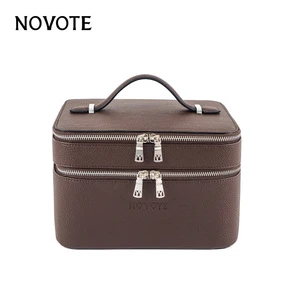 NOVOTE Custom Logo Large Water Resistant Genuine Leather Pebble Pattern Double-deck Square Travel Makeup Vanity & Cosmetic Bag