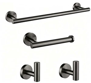 Modern 4 Piece Gunmetal Stainless Steel Bathroom Accessories Set Wall Mounted Towel Bar Paper Holder Robe Hook