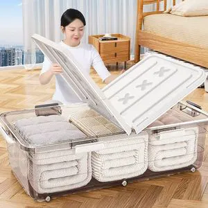 Transparent Under Bed Storage Box Rolling Wheels Stackable Double Lid Large Capacity Underbed Storage Container Bin Organizer