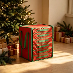 Christmas Ornament Storage Bag with 6 Dividers, Red & Green Fabric Holiday Decoration Organizer with Clear Window & Handles