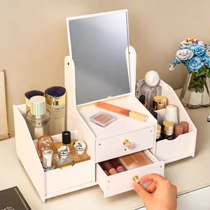 Custom Luxury White Rectangle Mirror Nordic Makeup Cosmetic Storage Box Organizer with Cat Ears