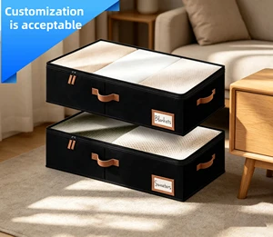 Black Under Bed Storage Containers with Clear Lid, Reinforced Leather Handles, Foldable Fabric Storage Boxes for Blankets
