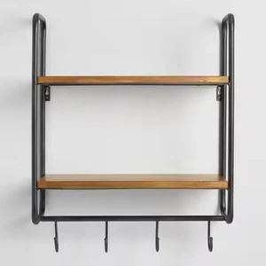 Industrial Wall Mounted Double Tier Shelf With Hooks Wooden Top Wrought Iron Frame Rectangle Shape Storage Rack Wall Shelve