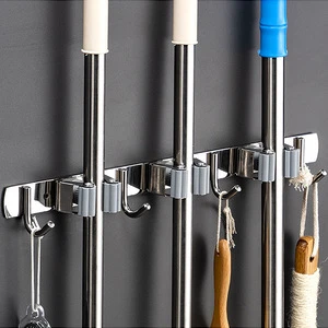 Stainless Steel No Punching Mop and Broom Tool Holder Organizer Wall Mount with Multiple Hooks
