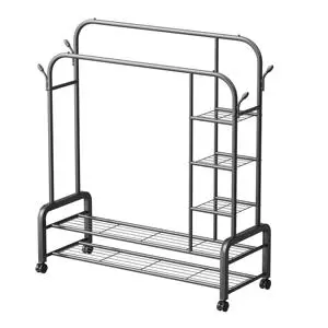 Customize Double-rod Multifunctional Clothes Rack with Storage Shelves Metal Movable Coat Rack Rust-proof for Bedroom Balcony