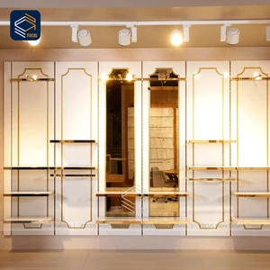 Modern Retail Store Fixtures Metal Wooden Combination Clothing Display Rack Adjustable Shop Display Shelving Furniture Design