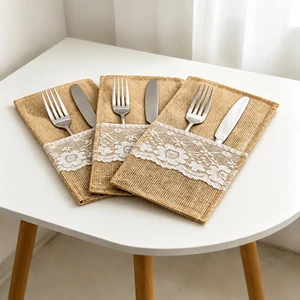 Burlap Rectangle Silverware Holders for Christmas Decorations Rustic Lace Cutlery Pouches American Country Style for Christmas