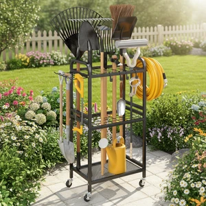 Garage Shed Lawn Outdoor Garden Tool Organizer with Lockable Wheels with Storage Hooks Heavy Duty Yard Tool Organizer