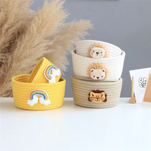 Eco-friend Soft Cotton Woven Basket Small Nursery Storage Bin with Lion Rainbow Patch Mini Desktop Makeup Organizer Gift Basket