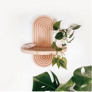 Mid Century Modern Boho Art Deco Wall Mounted Floating Wood Shelf Plant Stand Vanity Catchall-Storage Holders & Racks