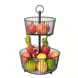 JIABAO New Design Two Tier Home Round Black White Iron Metal Wire Fruit Basket Wire Basket Storage