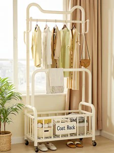 Double Tier Metal Clothes Rack Heavy Load Garment Storage Standing Coat Rack with Lockable Universal Wheels