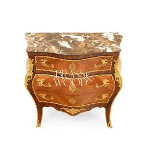Classic Wooden Chest of Drawers with Curved Front Gilded Brass Details and Natural Marble Top Luxury Design