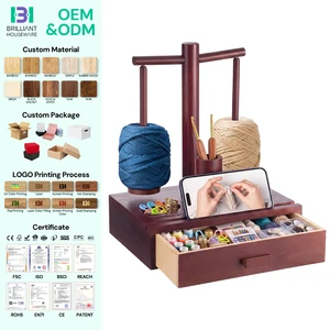 BH Large Storage Space Phone Stand Bamboo Wood Yarn Holder With Storage Drawer For Crocheting And Knitting