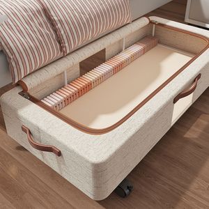 Wheeled Foldable Waterproof Linen Printing Under-Bed Storage Box Large Capacity Household Clothing Organizer Student Storage