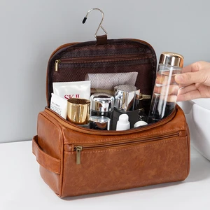 Premium Quality Pu Leather Men Toiletry Bag with Hook Bathroom Storage Organization for Travel