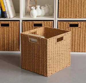Hand-Woven Rectangular Wicker Basket Storage with Iron Frame and Built-In Handle Paper Rope Woven Rectangular Basket