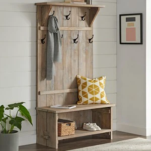 Hot Sales Factory Direct Mid Century Wooden Coat Rack Entryway Storage Organizer with Bench Coat Hooks Shelves