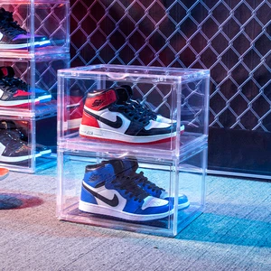 Magnetic Side Open Custom Shoe case Organizer Giant Transparent Acrylic clear Sneaker Box Plastic Display Shoe Storage Box