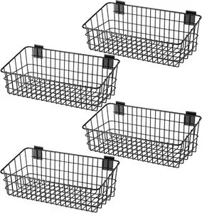JH-Mech 4 Pack 15.8 Inch Width Slatwall Basket For Garage Storage Slatwall Multi Size Metal Wire Baskets For Storage