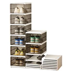 One-Piece Design No Assembly Stackable Shoe Storage Box Plastic 6-Tier Foldable Shoe Box Organizer with Magnetic Clear Door