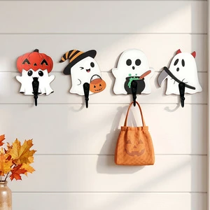 Halloween Creative Mahogany Modern Art Cute Cartoon Ghost Wall-Mounted Hanger Strong Decorative Hook Entryway Key Storage Rack