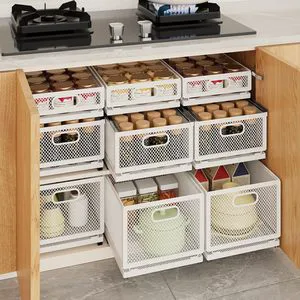 Foldable Stackable Kitchen Cabinet Organizer with Sliding Pull-Out Basket Storage Rack for Spices Bottles
