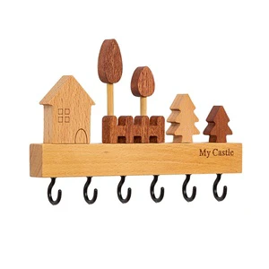Creative Punch-Free Entrance Door Storage Rack Scandinavian Style Solid Wood Key Hook for Household Towel Management Clothing