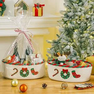 Christmas Gift Rectangle Storage Basket Cotton Rope Eco-Friendly Holiday Decoration Desktop Storage for Snacks and Sundries