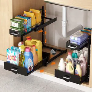 2 Tier Slide Out Kitchen Cabinet Organizers with Pulley Under Bathroom Sink Pull Out Organizer with Multiple Height Adjustments