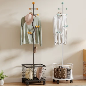 Modern Black Gloss Metal Coat Rack Stand with Wire Storage Basket Rolling Wheels Entryway Clothes Garment Hanger for Living Room