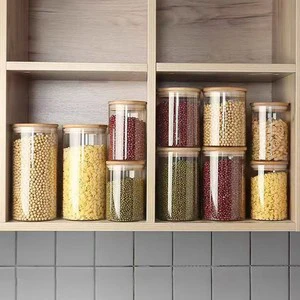 Gloway Oem Supported 18 Spec. Dry Food Borosilicate Glass Bottle Jars Airtight Kitchen Organizer Food Storage With Bamboo Lid
