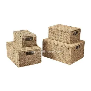 Wholesale Set of 4 Seagrass Braided Storage Baskets with Handle Home Decoration From Vietnam Manufacturer