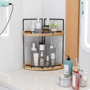 CF 2-Tier Kitchen Bathroom Counter Organizer Vanity Counter Corner Shelf Skincare Wood Countertop Bathroom Shelves Storage