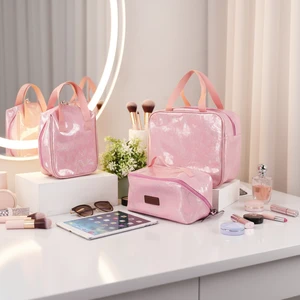 Custom Portable Fashion PU Soft Handle Recyclable Toilet Bag Zipper Closure Large Capacity Lightweight Travel Cosmetic Makeup